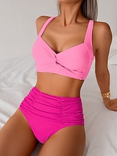 Χαμηλού Κόστους Σετ μπικίνι-Γυναικείο Μπικίνι 2 Τμχ Μαγιό Ριχτό Σλιπ Λεπτό Ανοιχτή Πλάτη Κομψό Διακοπές Μονοχρωμία Με V Λαιμό Χωρίς Μανίκια