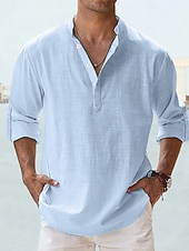 economico Camicie di lino-Per uomo Camicia Camicia di lino Camicia Estiva Camicia da Spiaggia Semplice Vacanza Camicia hawaiana Blu Nero Bianco Rosa Manica Lunga Collo alla coreana Primavera &amp; Estate Abbigliamento Base