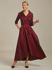 abordables Robe Simple-Robe longue fourreau en taffetas pour femme, avec poches, élégante, idéale pour un mariage, une soirée ou une réception. Coupe classique, couleur unie, manches 3/4, col en V, rouge, printemps,