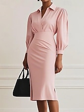 tanie czarna sukienka midi-Damskie Długa sukienka sukienka maxi Czarna sukienka Sukienka ołówkowa Elegancja Moda Nowoczesny Codzienny Biuro Święto Regularny Równina Długi rękaw W serek Czarny Rumiany róż Jasnoszary Beżowy