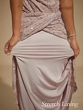 abordables Robe de cocktail-Robe longue fourreau élégante pour femme, idéale pour un mariage, une soirée ou une invitée. Coupe classique, ornée de sequins, de dentelle et de volants, fendue, unie, sans manches, col bateau, rose