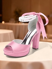baratos Sandálias de Plataforma-Sandálias femininas de salto alto plataforma em cetim roxo com tira de pérolas no tornozelo - sapatos de festa glamorosos de bico aberto para eventos noturnos, casamentos e coquetéis.