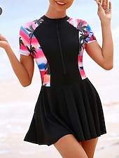 billiga Badessor-Kvinnors tankini baddräkt dragkedja fram palm klänning trosor mage kontroll hög midja slim backless semester strandkläder grafisk färgblock rund hals kort ärm baddräkt