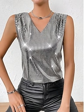economico Serbatoio Semplice-Per donna Canotta a canotta Paillettes Tinta unica Festa Elegante Senza Maniche Scollo a V Top Regolari Ferie Uscire Argento Oro Estate Primavera Autunno
