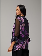 economico camicie, top e camicette-camicetta da donna con stampa floreale viola, maniche in chiffon elasticizzato, scollo a barca, casual, comoda, primavera estate autunno vacanza