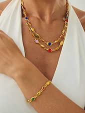זול יום האהבה-סט שרשרת וצמיד אבני חן צבעוניות לנשים - תכשיטי שכבות בגוון זהב אלגנטי לתלבושות אופנה, מסיבות וסגנון שיקי יומיומי