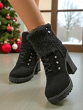 baratos Botas de neve e inverno-Botas femininas marrons de cano curto com salto alto – botas de inverno de couro sintético com cadarço, punhos de tricô e detalhes em pérola, perfeitas para o Natal e looks do dia a dia.