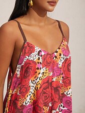 billiga Semesterklänningar-Dam Bandklänning Solklänning Sommarklänning Midiklänning Rubinrött Rem Tryck Reste sig Blommor V-ringad Mönster Asymetrisk fåll Vår &amp; sommar V-hals Sexig V-Front semester klänning Semester S M L