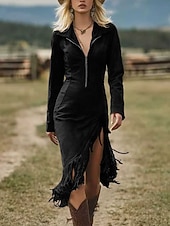 ieftine Rochie cu dungi și geometrică-Rochie Mini Femei Rochie Boho Rochie Sheath Vacanță Casual Zilnic Zile de Sărbătoare Date Simplă Mâneci Lungi Rever Negru Maro Deschis