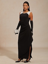 preiswerte abendkleider-Damen Maxikleid Etui-Kleid Wickelkleid Elegant Abendgesellschaft Hochzeit Hochzeitsgast Gerafft Spitze Asymmetrisch Normale Passform Einfarbig Ärmellos Dreiviertelarm V Ausschnitt Schwarz