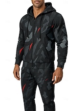 Недорогие спортивные костюмы-Муж. Толстовка Спортивный костюм Комплект спортивной одежды Кулиска Застегнуться Геометрия Наборы одежды Осень Зима Тёмно-синий Темно-серый Назначение На открытом воздухе Путешествия Легкость Мода