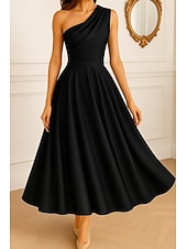 cheap Cocktail Dresses-A-Line Ankle Length Cocktail Dresses Elegant Daily Sleeveless One Shoulder Formal Wedding Guest Taffeta with Pleats Slit
