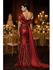 cheap Ball Gown Evening Dresses-Mermaid Trumpet Sweep Brush Train Evening Gown Ball Gown with Overskirt Formal Dress Elegant Glittering Sparkle Sleeveless Off Shoulder Wedding Formal Satin Sequined with Glitter Pleats