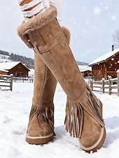 abordables Snow &amp; Winter Boots-Women's Green Fringe Faux Suede Snow Boots with Fur Lining – Stylish Knee-High Winter Boots Footwear for Cold Weather, Snow and Outdoor Adventures