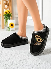 Χαμηλού Κόστους Γυναικείες Παντόφλες &amp; Σαγιονάρες-Γυναικείες παντόφλες με τυπωμένο ηλιοτρόπιο - ζεστά παπούτσια εσωτερικού χώρου με επένδυση από φλις και σχέδιο πεταλούδας, άνετα υποδήματα για το σπίτι για χειμερινά δώρα