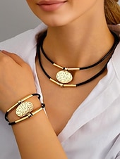 cheap Women's Necklace-Women's Bohemian Leather and Metal Statement Necklace &amp; Bracelet Set, Adjustable, Available in Gold and Silver – Perfect for Casual and Evening Wear