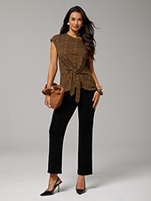 お買い得  アート＆デザインのブラウス-オールコットンのヒョウ柄ツイストデザイントップス、バケーション