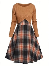 abordables Robe Rayée et Géométrique-Femmes Robe Midi Robe trapèze Occasionnel Boho Quotidien Coupe régulière Plaid manche longue Col ras du cou Orange Printemps Automne Hiver