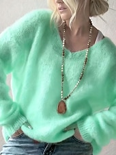 levne Pevné barvy-Dámské Svetr Rolák Elegantní Módní Roztomilý Pevná barva Do V Pletený Dlouhý rukáv Běžné topy Plést Venkovní Domů Denní Vodní modrá Světlá růžová Podzim Zima