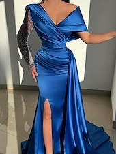 cheap Ball Gown Evening Dresses-Mermaid / Trumpet Sweep / Brush Train Evening Gown Ball Gown with Overskirt Formal Dress Elegant Glittering Sparkle Long Sleeve Off Shoulder Formal Wedding Satin Sequined with Beading