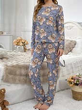 billige Natttøy-Dame Pyjamas lounge Pyjamas Sett Fritid Tegneserie Elastisk midje Bukse Hjem Seng Langermet Crew-hals Blå Vår Høst Løstsittende