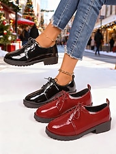 economico Scarpe oxford da donna-scarpe stringate stringate in similpelle verniciata bordeaux da donna: stile natalizio festoso, perfette per le riunioni di festa, le gite invernali e gli eventi stagionali