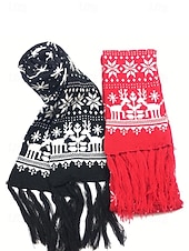 abordables Foulards pour femmes-Écharpe de Noël tricotée pour femme, en acrylique, motif jacquard rouge et blanc avec rennes et flocons de neige, accessoire festif d'hiver pour les fêtes de fin d'année