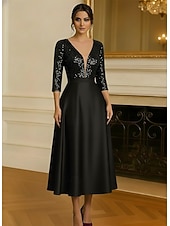 cheap Cocktail Dresses-A-Line Tea Length Cocktail Dresses Party Dresses Flared Dress Elegant 3/4 Length Sleeve V Neck Garden Party Wedding Satin with Sequin