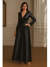 cheap A-Line Evening Dresses-A-Line Floor Length Evening Gown Elegant Glittering Sparkle Long Sleeve V Neck Formal Wedding Lurex Fabric with Bow(s)