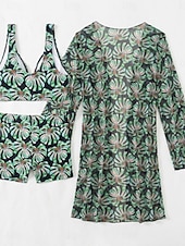 tanie 3-częściowy zestaw bikini-Damskie Stroje kąpielowe Bikini Trzyczęściowy Krótkie spodnie Kostium kąpielowy Szczupła Odkryte plecy Urlop Stroje plażowe Kwiaty Liście W serek Bez rękawów Kostiumy kąpielowe