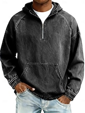 olcso alap pólók-Férfi Farmer ing 100% Cotton Acid Wash ing Tee Top Hosszú ujj Kapucni Tavasz Ősz Ősz &amp; tél Sima Szüret Utcai sikk Alkalmi Régies stílus Kapucni Hétköznapi Otthon Utca Világoskék Fekete Világoszöld