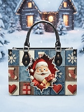 billiga Grafiska tryckväskor-Julväska för kvinnor - konstläder, designad med jultomte och snögubbe, presentväska för kvinnor, handväska för julen, perfekt för fester och vinterutflykter