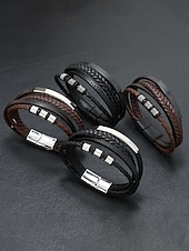 cheap Men's Jewelry-Men's faux leather alloy multi-layer magnetic braided bracelet, Stylish and durable, Suitable for casual wear and special occasions.