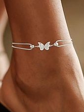 baratos Pulseira Feminina-Pulseira de tornozelo feminina em aço inoxidável com estampa de borboleta – disponível em dourado e prateado, design elegante em corrente com detalhes em formato de coração, perfeita para ocasiões casuais e noturnas.
