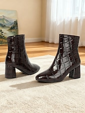 levne Kotníkové boty-Dámské kotníkové boty z vínové kůže s krokodýlím potiskem, blokovým podpatkem a zapínáním na zip – elegantní hranatá špička pro každodenní nošení i do kanceláře