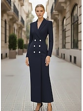 cheap Tuxedo Dresses-Women's Tuxedo Dress Sheath Formal Crepe Elegant Simple Long Sleeve 3/4 Sleeve Pleated Floor Length Peaked Lapel V Neck Double Breasted