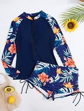 Недорогие Танкини-Женский танкини из 2 предметов купальник с молнией спереди пальмы шорты контроль живота высокая талия узкий спина без бретелек пляжная одежда цветочный листья высокий вырез длинные рукава