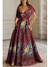  Blue Jacquard Brocade A-Line Evening Gown Elegant Formal Dress Formal Wedding Floor Length Short Sleeve Queen Anne Pocket Nylon with Pocket