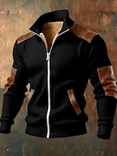 cheap Casual Jackets-Men's Winter Coat Fleece Jacket Casual Jacket Outdoor Casual Thermal Warm Patchwork Pocket Fall Winter Plaid Streetwear Daily High Neck Regular Camel Black White Navy Blue Brown Jacket