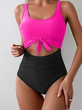 preiswerte Einteilige Badeanzüge-Damen Einteiler Badeanzug Sexy Cutout Monokini Bauchkontrolle Hohe Taille Slim Rückenfrei Urlaub Strandbekleidung Polka Dot Farbblock U-Ausschnitt Ärmellose Bademode