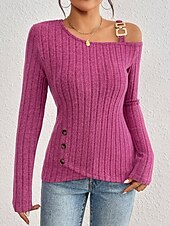cheap Plain Tops-Women&#039;s Blouse Solid Color Stylish Casual Long Sleeve Asymmetrical Regular Tops Daily Patchwork Buttons Fuchsia Spring Fall Winter
