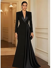 cheap Tuxedo Dresses-Women's Tuxedo Dress Ball Gown A-Line Formal Wedding Guest Satin Stretch Crepe Elegant Long Sleeve Floor Length Ankle Length Peak Lapel Double Breasted