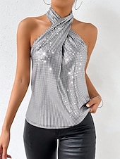 abordables Réservoir Simple-Femmes Débardeur caraco Paillettes Couleur Unie Élégant Occasionnel Sans manches Col Halter Hauts Réguliers Quotidien Fête Argent Été Printemps