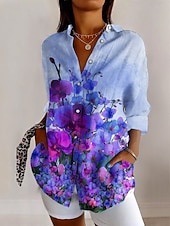 economico Bluse Floreali-Per donna Camicia Bottoni Stampato Geometrico Elegante Moderno Casual Manica Lunga Colletto a Camicia Top Regolari Quotidiano Blu Rosso Viola Autunno Inverno