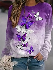 economico Animali Tops-Per donna Felpe con cappuccio Stampato Grafico Farfalla Moda Casual Manica Lunga Girocollo Top Regolari Streetwear Abbigliamento Quotidiano Blu Viola Autunno Inverno