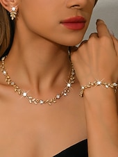 billige Halskjede for kvinner-kvinners gullblad &amp;rødt krystallsmykkesett - delikat halskjede, dråpeøreringer &amp;matchende armbånd, romantisk blomstertilbehør til fester, bryllup &amp;spesielle arrangementer