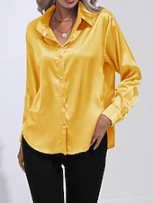 abordables Blouses Unies-Femmes Chemise Elegant Haut en satin Chemisier Boutons Uni Élégant ancien manche longue Col de chemise Hauts Réguliers Fête Sortir Jaune Rouge Bleu Roi Rose Gris Été Printemps