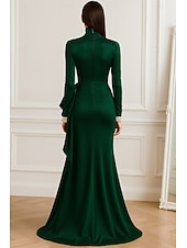 cheap Sheath Evening Dresses-Sheath Column Floor Length Evening Gown Ball Gown Formal Dress Elegant Silky Long Sleeve High Neck Wedding Formal Pocket Satin with Pleats Ruffles