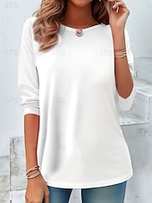 cheap Plain tee-Women's T Shirt Plain Vintage Stylish Classic Long Sleeve Crew Neck Regular Tops Daily Print Blue Black White Yellow Pink Spring Fall Winter