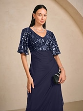  Damen Maxikleid Kleider mit Empire-Taille Elegant Flattrige Ärmel Abendgesellschaft Pailletten Spitze Netz Normale Passform Blumen Halbarm V Ausschnitt Marineblau